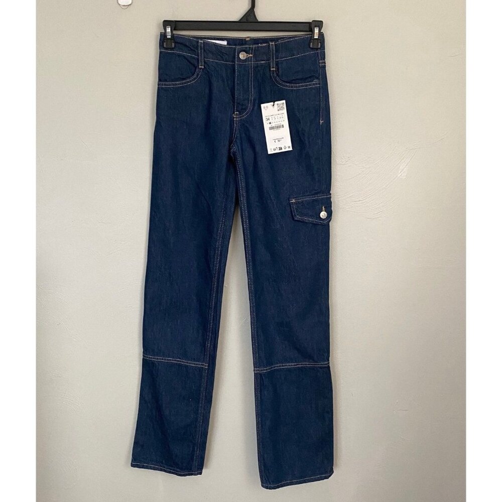 NWT Zara Cargo Zipper Straight leg Jeans Dark Wash Sz 2 Utility Carpenter Denim